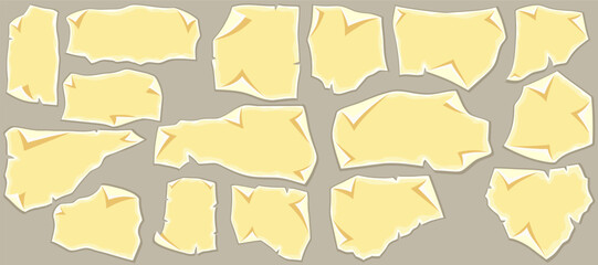 Ancient papyrus. Ragged parchment scrolls, antique manuscripts. Set vintage blank letters, documents, rolled up empty paper sheets and pages. Vector cartoon objects isolated on brown background.
