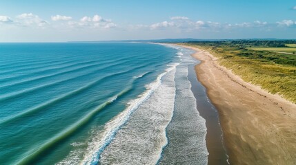 Aerial View of Serene Beach with Gentle Waves and Clear Skies