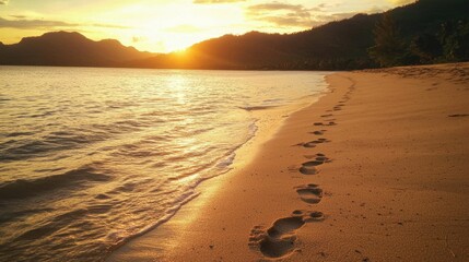 Tranquil Beach Sunrise with Footprints on Sandy Shoreline