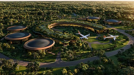 Lush jungle airport, private jets, curved building, aerial view, eco-resort