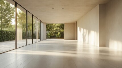 Sunlit modern living room with large windows and minimalist design overlooking garden