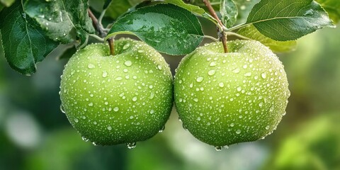 Two Green Apples on a Branch, Dew Drops, Freshness, Nature Photography