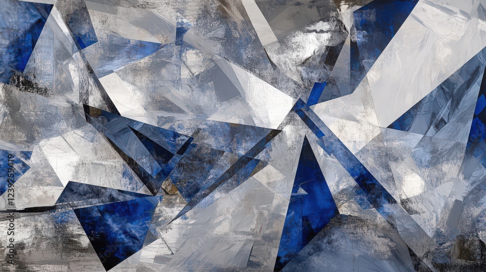 Poster abstract composition of geometric shapes with dynamic interplay of blue and gray tones