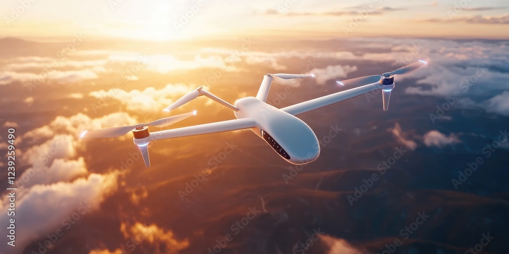 Poster Advanced robotics technology, portraying a drone equipped with AI sensors, open sky view, simple background