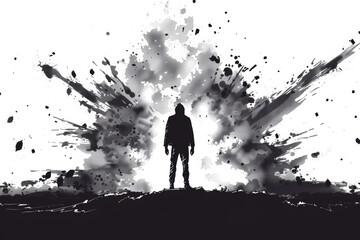 Dramatic explosion scene with silhouette figure abstract environment black and white concept