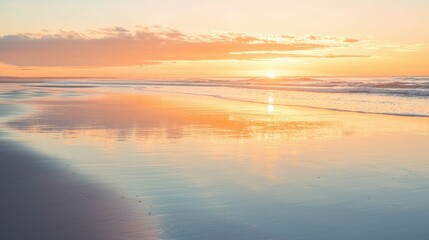 Serene Sunset Over Calm Beach Reflected in Shimmering Water