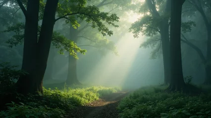 Foto auf Acrylglas Straße im Wald Enchanted forest pathway bathed in morning light during a serene foggy day  © Andrey