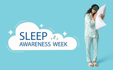 Banner for Sleep Awareness Week with young African-American woman in pajamas, with mask and soft pillow