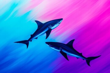 Fototapeta premium Two Sharks Swimming in Vibrant Water - Two sleek sharks gracefully swim through a mesmerizing underwater scene with vibrant blue and pink hues.