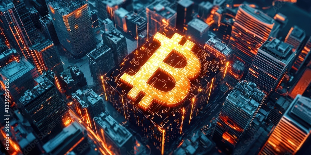 Aufkleber futuristic city skyline with blockchain nodes glowing, symbolizing cryptocurrency networks