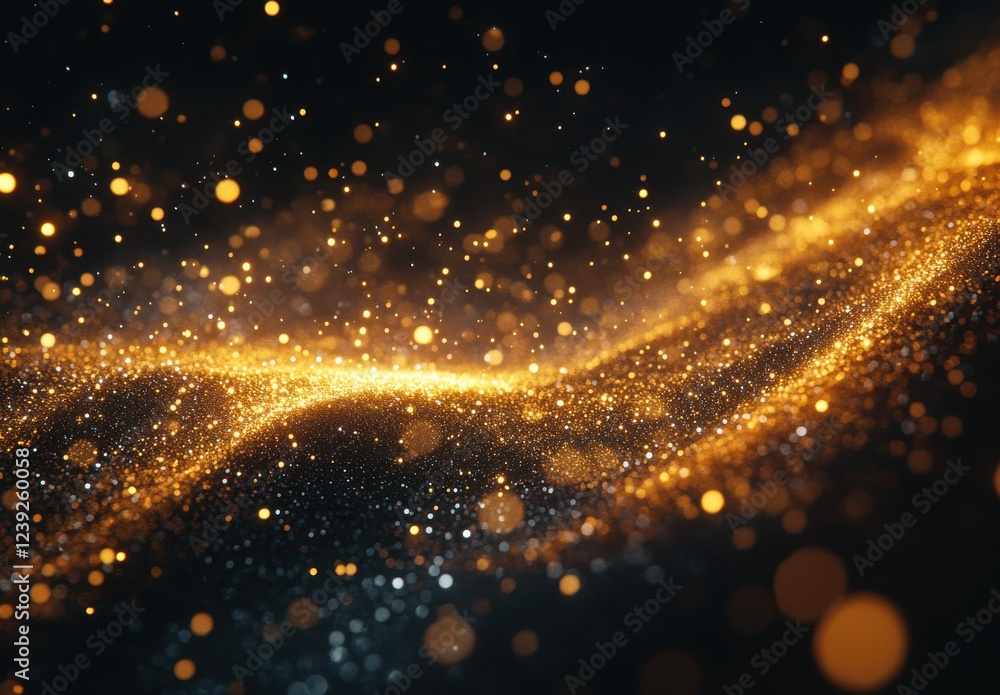 Poster glittering particles create a magical sense of wonder in a dark background with a blend of golden an