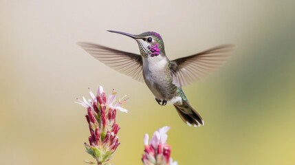 Fototapeta premium Hummingbird hovering near flowers, nature background, wildlife photography