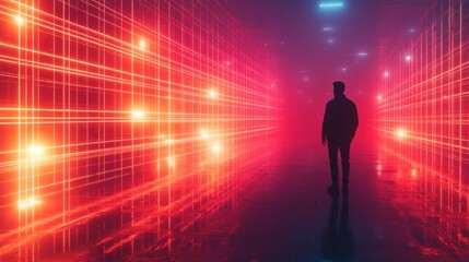 Silhouette of a man walking in a futuristic red and blue neon corridor