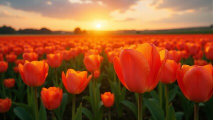 Radiant tulip fields bathed in golden sunset hues near a tranquil mountain landscape
