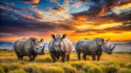Three Majestic Rhinos Roaming the African Savannah