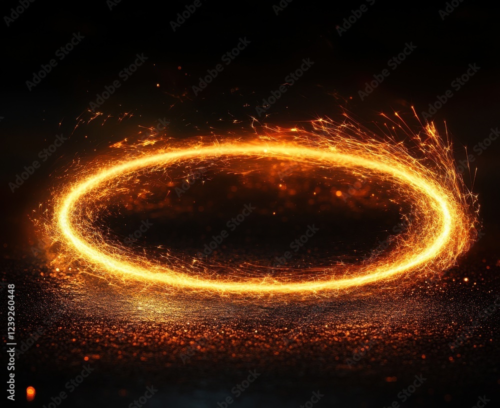 Poster glowing circular sparkling ring with dynamic sparks and radiant light on dark background for abstrac