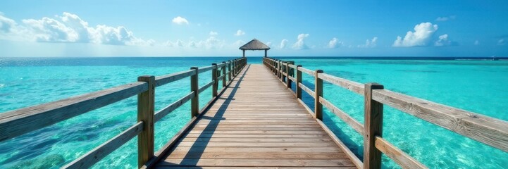 Obraz premium Rustic wooden footbridge crossing clear Caribbean water, landscape, photography