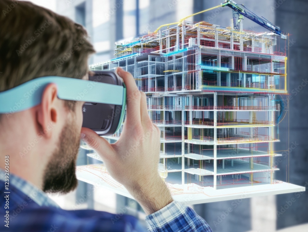 Poster an architect views a 3d model of a building using augmented reality glasses.