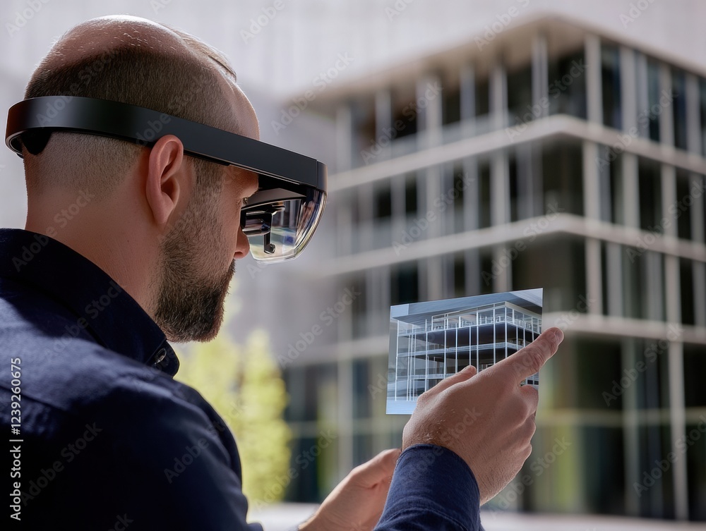 Poster an architect views a 3d model of a building using augmented reality glasses.