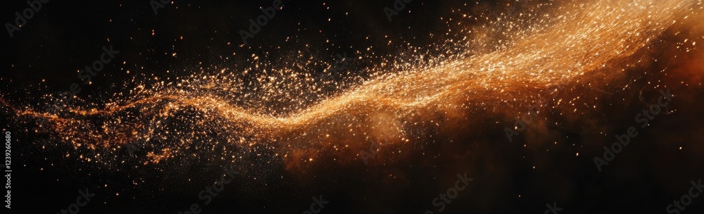 Poster glowing golden particles flowing through dark space, sparkling light trails creating a dreamy ethere