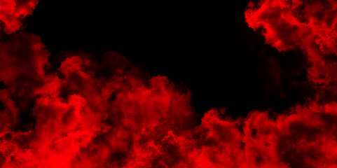 Scarlet red distressed smoke flowing design. Red smoke shapes dark isolated background. Red grunge mystical swirling smoke rolling across the ground. Abstract fire flame grunge texture 
