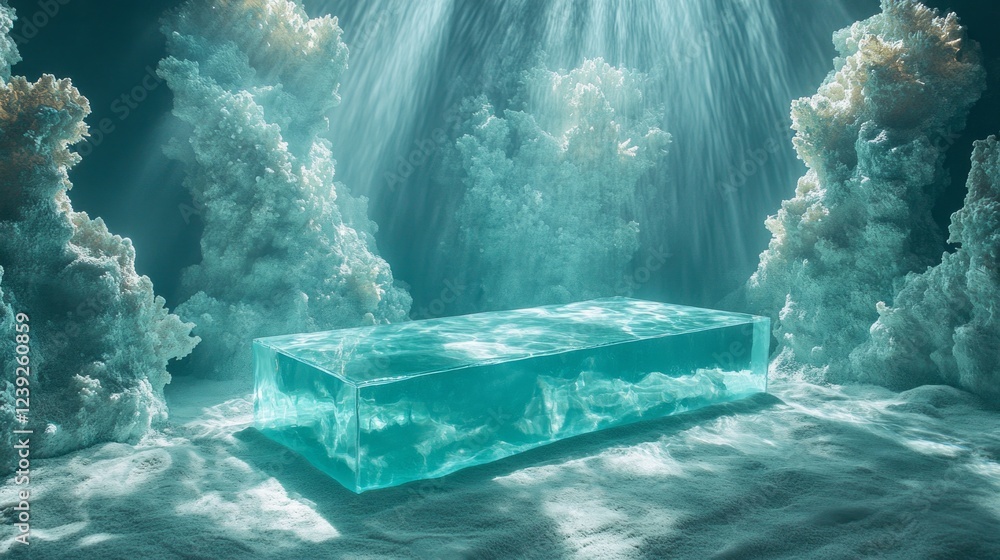 Poster glistening rays of sunlight break through the water's surface, illuminating a transparent structure 
