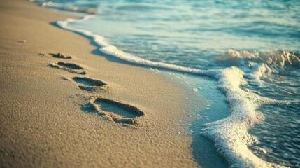 Tranquil Ocean Footprints on Sandy Beach at Golden Hour