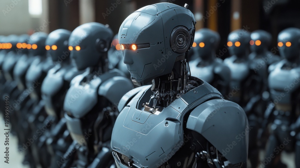 Aufkleber row of advanced humanoid robots with glowing eyes in industrial setting