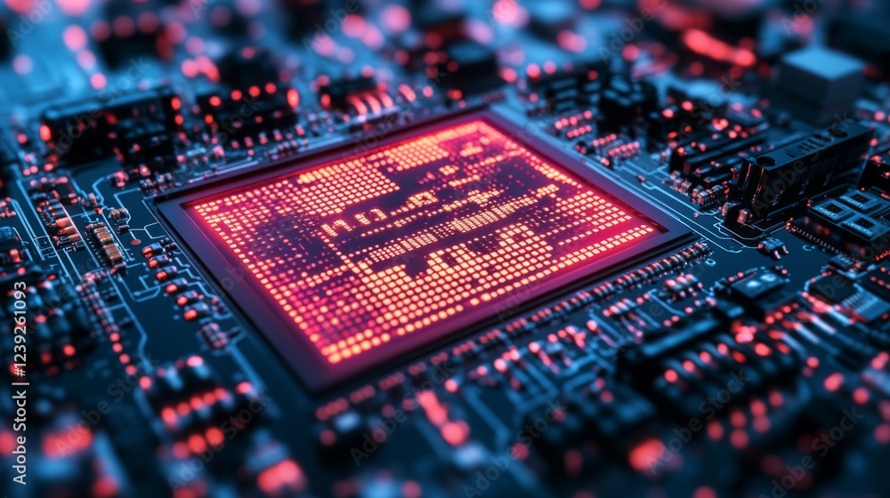Poster close up of glowing red and blue circuit board with central processor