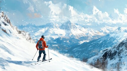 Lone skier descending snowy mountain slope with majestic alpine view in bright winter light