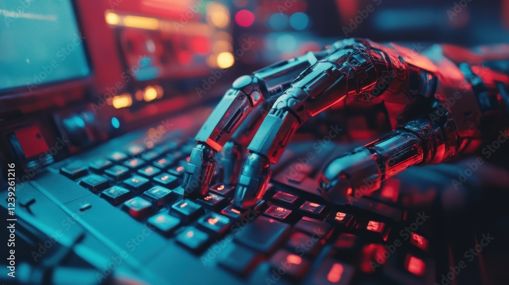 Poster robotic hand typing on keyboard in futuristic cyber environment