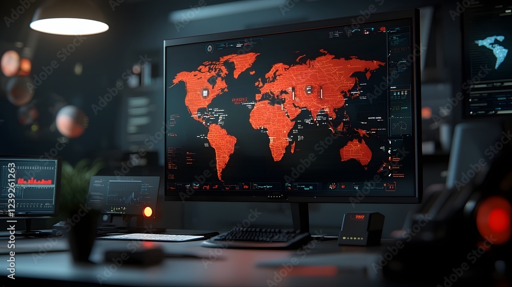 Poster ai powered logistics control room featuring a vast holographic world map for real time supply chain 