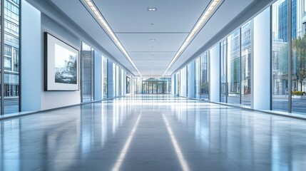 Modern spacious art gallery interior with large windows and minimalist design