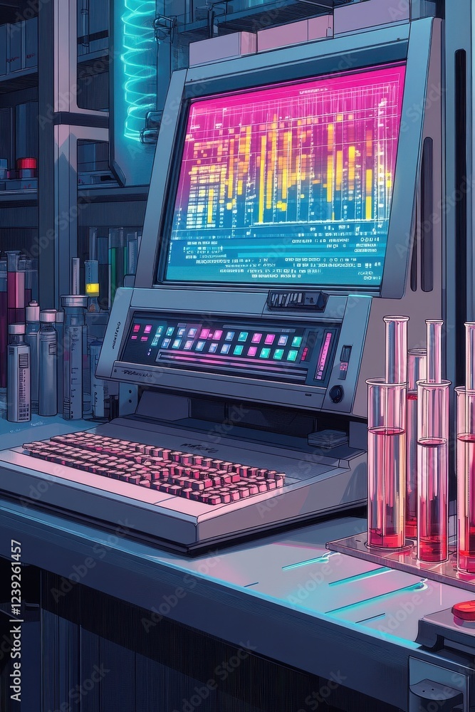 Poster retro-style laboratory setup featuring technology for data analysis and research
