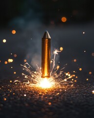 Golden bullet spark explosion against dark background with glowing bokeh lights in perfect focus showcasing a blend of danger and creativity