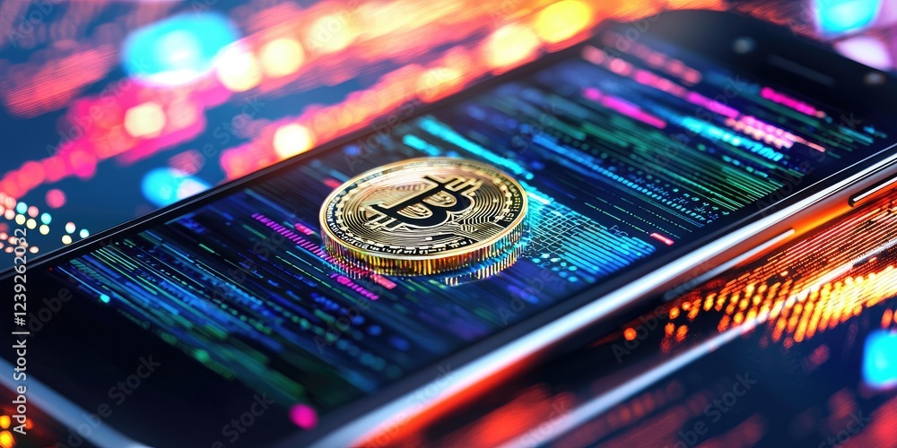 Leinwandbilder a fingerprint authentication on a smartphone with cryptocurrency apps visible, illustrating security