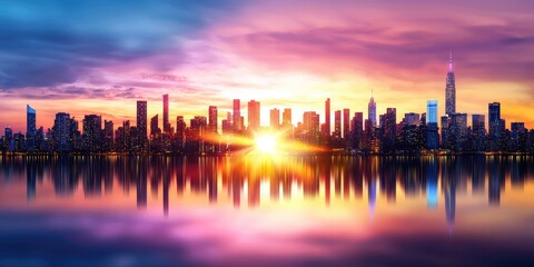 Fototapeta premium Tranquil city skyline backdrop featuring vibrant sunset reflections on a lake, silhouettes of buildings