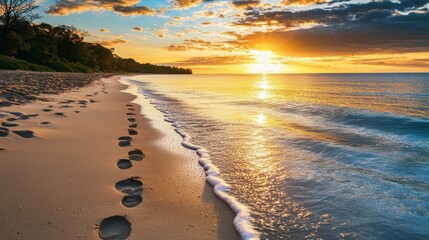 Obraz premium Tranquil Beach Sunset with Footprints in the Soft Sand
