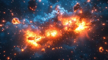 Naklejka premium Fiery meteor shower in space with bright explosions and starry nebula background