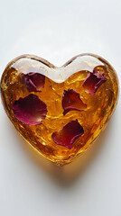 A heart-shaped soap with rose petals embedded inside against pure white background.