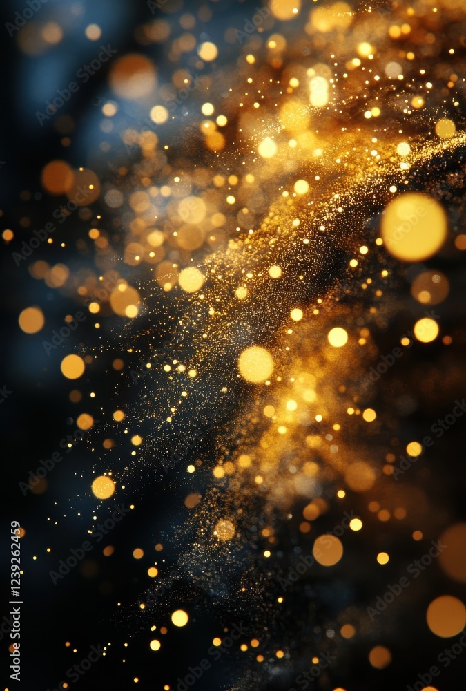 Poster golden particles shimmer in a dark background, creating an enchanting atmosphere filled with light, 