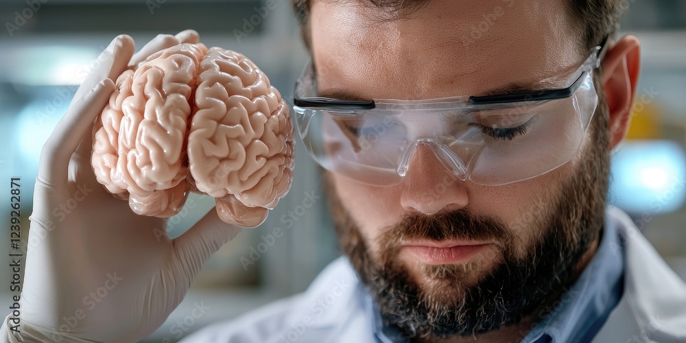 Poster researcher examining 3d brain model with brain mapping overlays in a bright, neutral lab environment