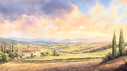 Naklejka premium Tuscan Farmhouse Vineyard Scenic Landscape