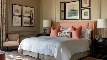 Elegant bedroom with art adorned walls and coral accents in soft lighting