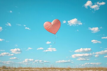 Fototapeta premium Whimsical, blush-colored, heart-shaped kite, flying high in a bright, blue sky, with a few, fluffy white clouds