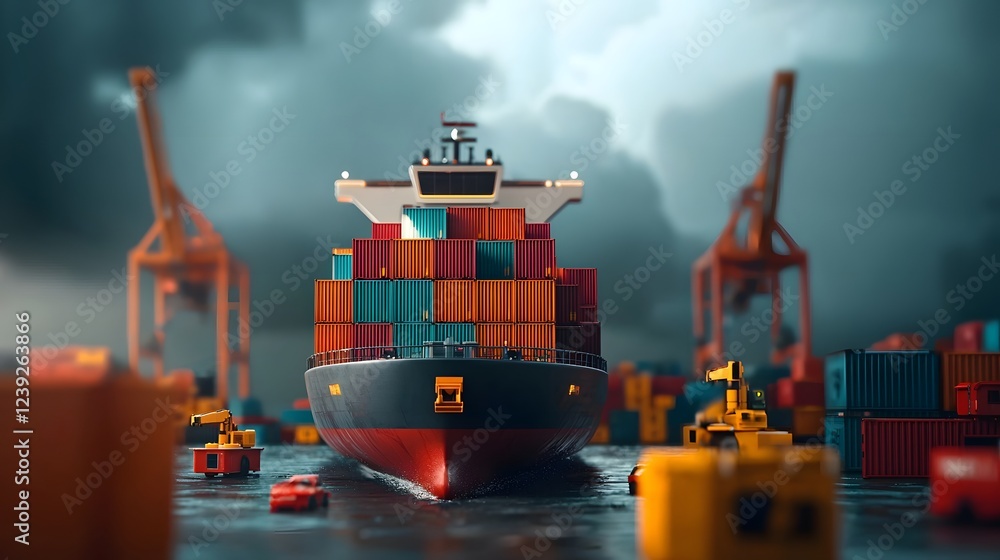 Poster autonomous cargo ship navigating a high tech global port with ai controlled cranes efficiently unloa
