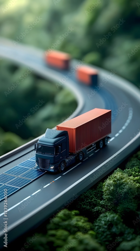 Poster autonomous cargo trucks moving across a smart solar powered highway with real time traffic optimizat