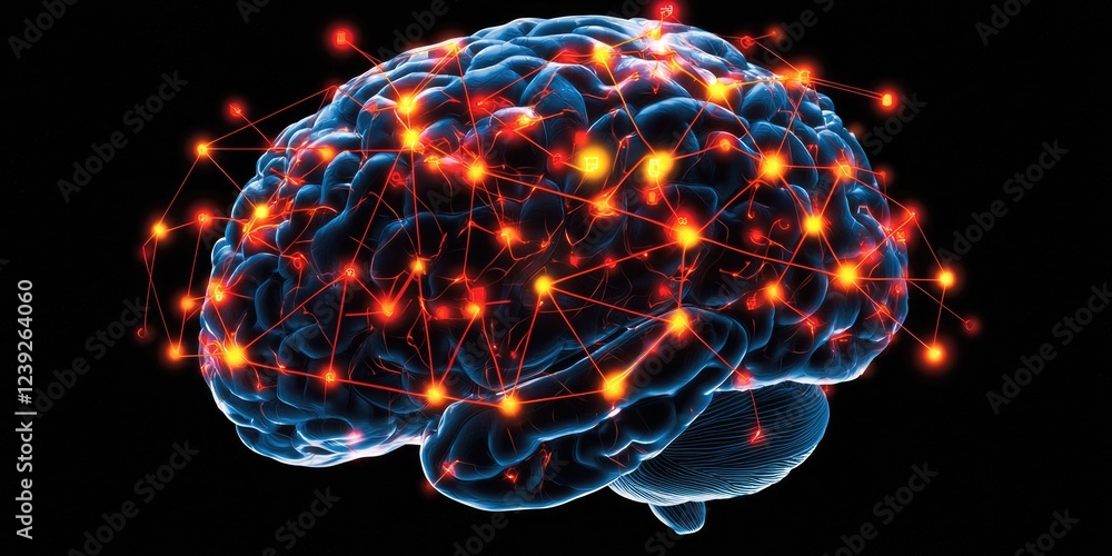 Poster Detailed illustration of the human brain with highlighted areas representing real-time neural activity from a study