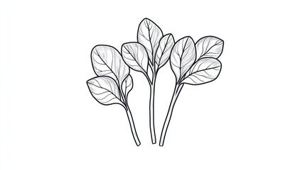 Line art drawing of fresh spinach leaves, isolated on white background, for cookbook illustrations