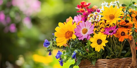 Colorful blooms in a rustic wicker basket, complemented by farmhouse decor elements